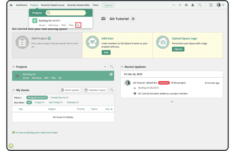 Click Git in the project in which you wish to create a repository