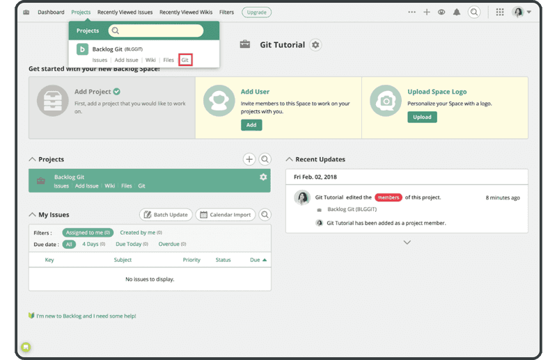 Click Git in the project in which you wish to create a repository