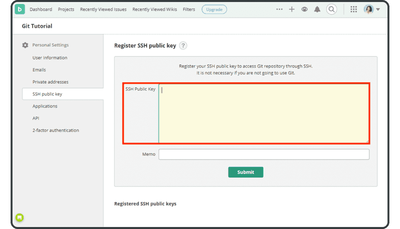 Paste the content of SSH public key and click "Register" button