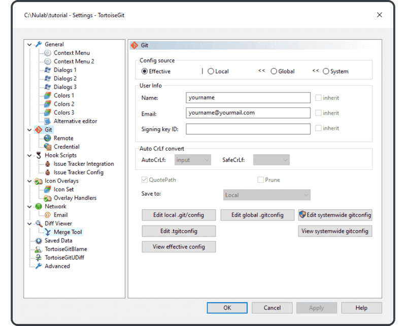 Click on the entry labeled Git, then click Edit systemwide gitconfig